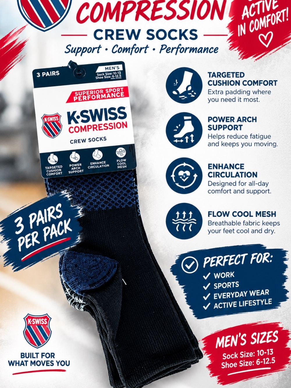 New K-Swiss Men's Compression Crew Socks - Navy & Black (3 Pack)